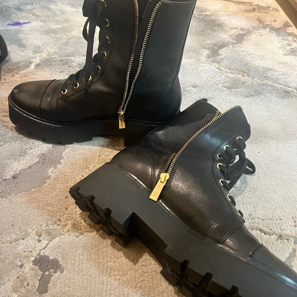 Michael Kors Black Leather  Combat Boots with Gold Accents - Picture 4 of 9